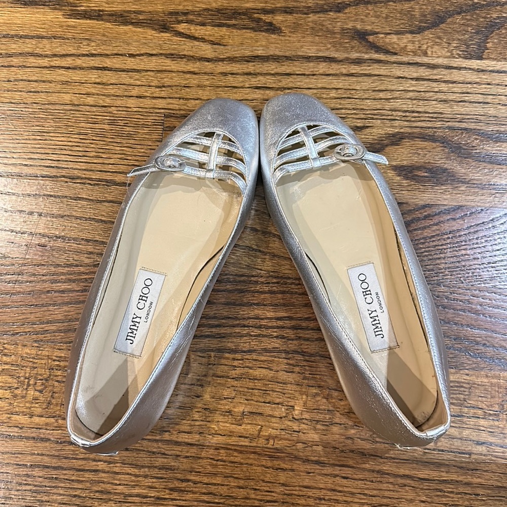 Authentic Jimmy Choo metallic silver, “Willow” flats.